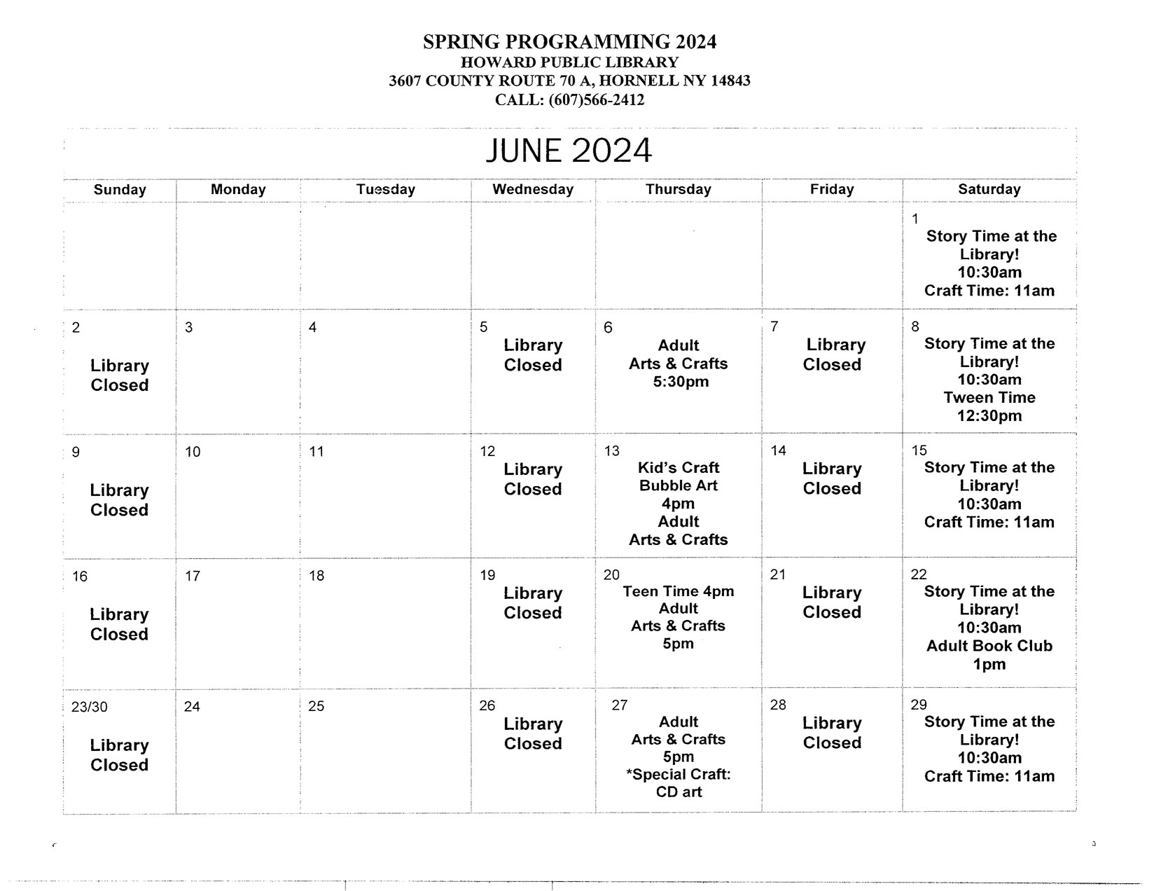 Town of Howard Library Calendar June 2024