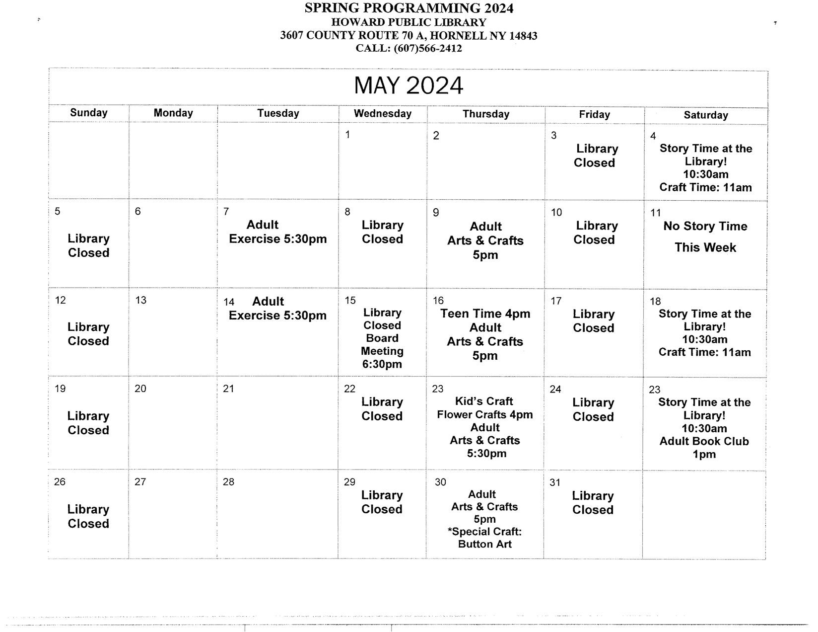 Town of Howard Library Calendar May 2024